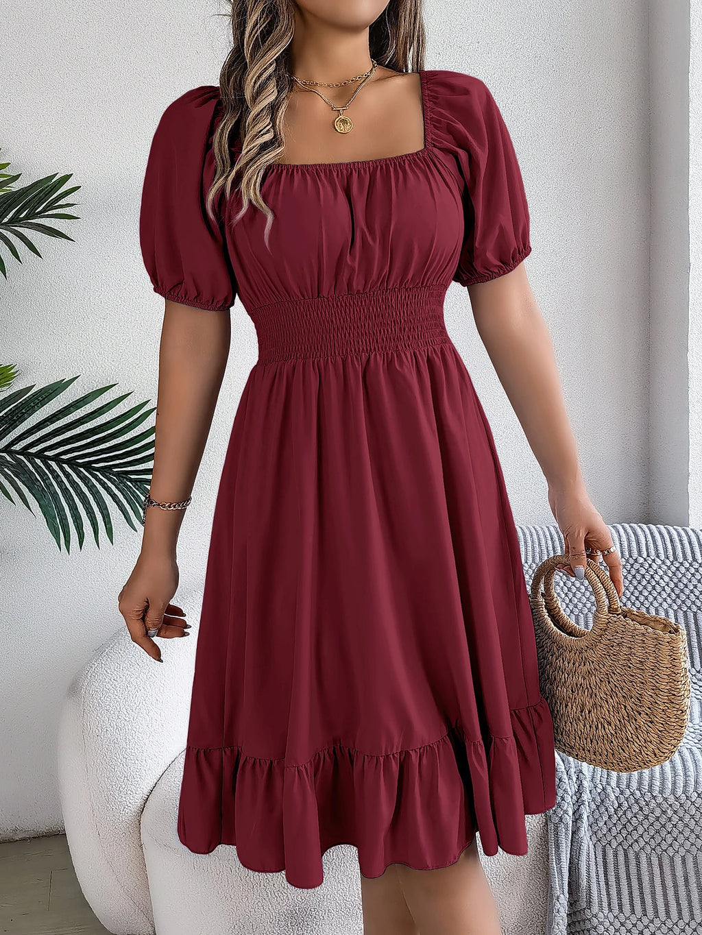 Spring Summer Elegant High Waisted Dress Square Neck Short Sleeved Ruffled Edge Long Dresses for Women 2026 Valentine's Day