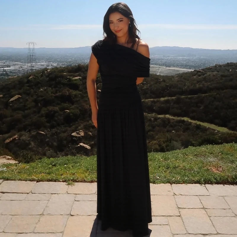 Hugcitar One Shoulder Ruched Sleeveless Solid Pleated Sexy Irregular Y2K Maxi Dress Summer Elegant Party Women Clothes Vacation