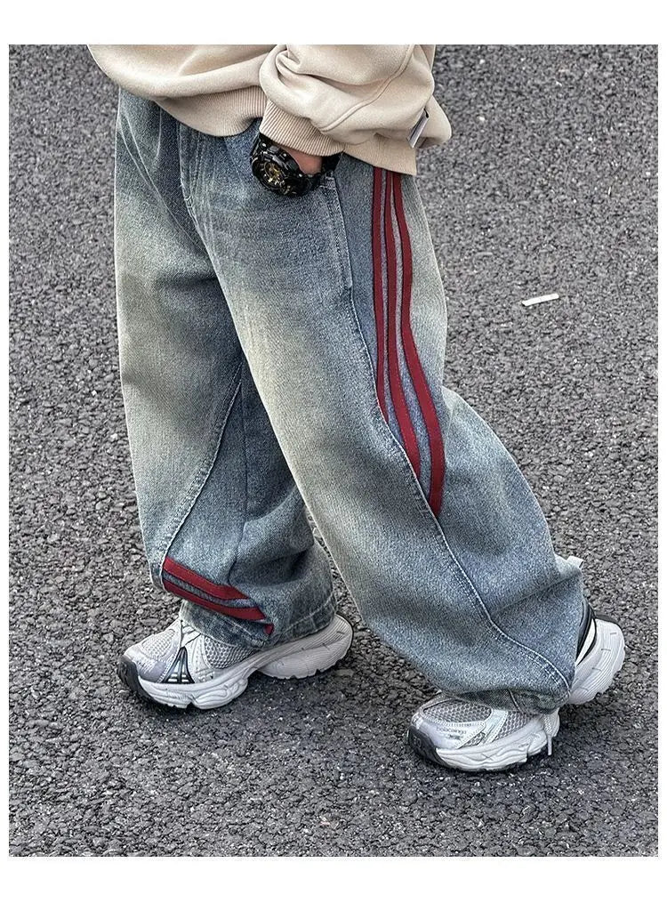 Spring 2026 Children Denim Pants YBFSKID Red Striped Spliced Toddler Kids Boys Jeans Little Baby Boys Trousers 2-10Y Boys Pants