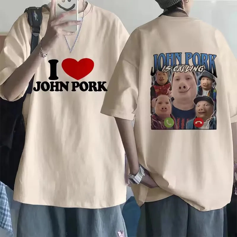 Funny John Pork Is Calling Answer Call Phone Tee Shirt for Men Women Pig Tops Tshirt Gothic Hip Hop T-shirt Streetwear Clothes