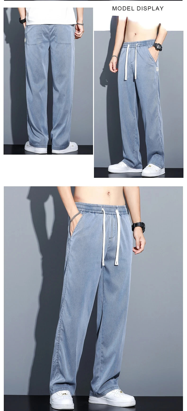 High Quality Summer Lyocell Fabric Men's Jeans Thin Straight Pants Drawstring Elastic Waist Korea Casual Trousers Plus Size