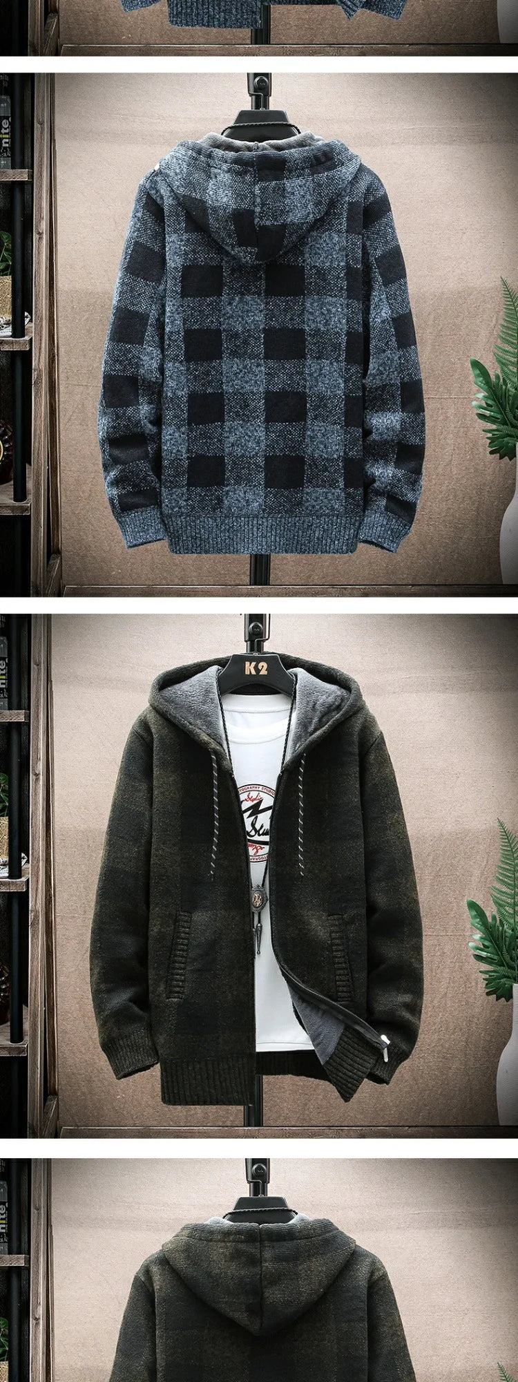 Men's Hooded Thickened Fleece Knitwear Casual Outerwear Winter Warm Plaid Cardigan Coat Large Size Comfortable Street Style