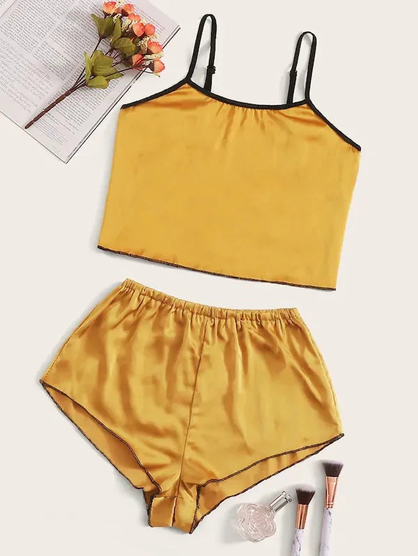 Women's Sleepwear Sexy Lingerie Lace Satin Pajama Sets Nightwear Sleeveless Tops+Shorts 2 Pcs Sets Pyjama Sets