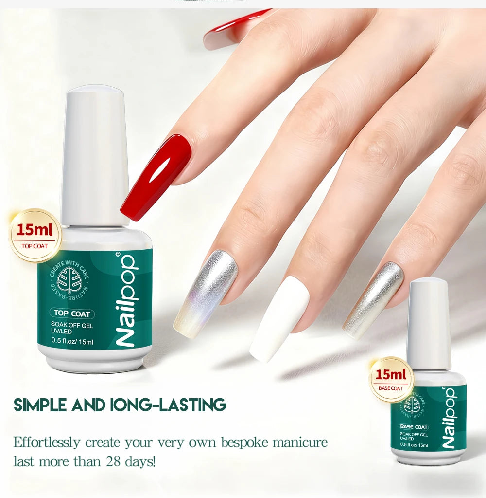 Nailpop HEMA/TPO Free Top Base Coat Gel Polish 15ml Clear Soak Off UV/LED Cured Professional Art Salon Home Use Long Lasting 1Pc