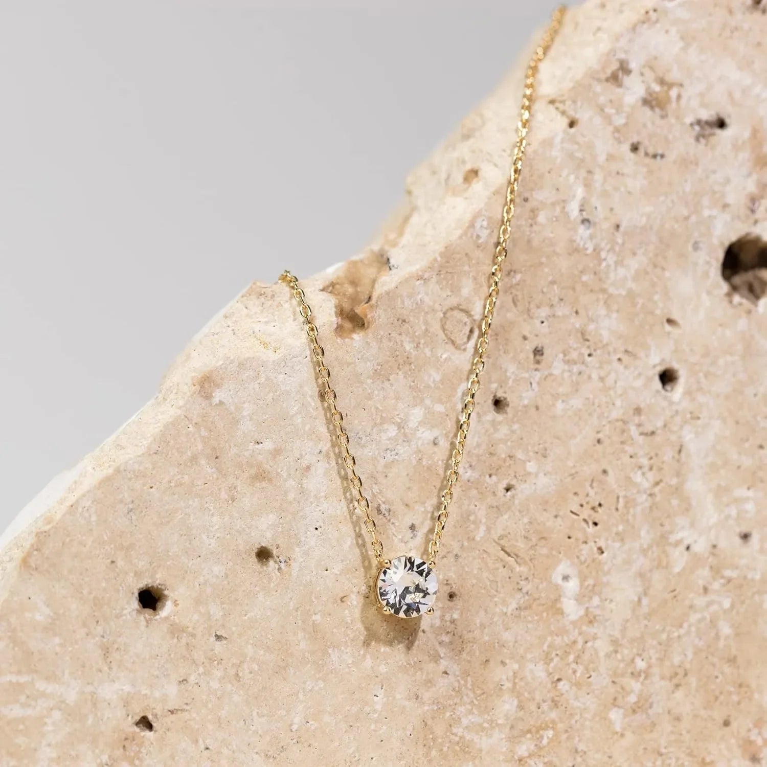 14K Gold Plated Silver Plated Crystal Solitaire 1.5 Carat (7.3mm) Cubic Zirconia Dainty Choker Necklace Gold Necklaces for Women