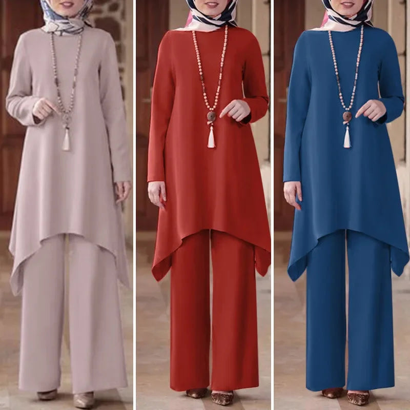 Hot Sale Of The Season Muslim Women's Fashion Casual round Neck Overhead Long Pants Midi Skirt Set Solid Color Middle East Cross