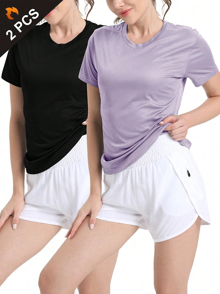 2Pcs Women's Solid Color Ultralight Quick Dry Sport T-Shirt, Breathable Lightweight Top For Fitness Training Workout Running Gym