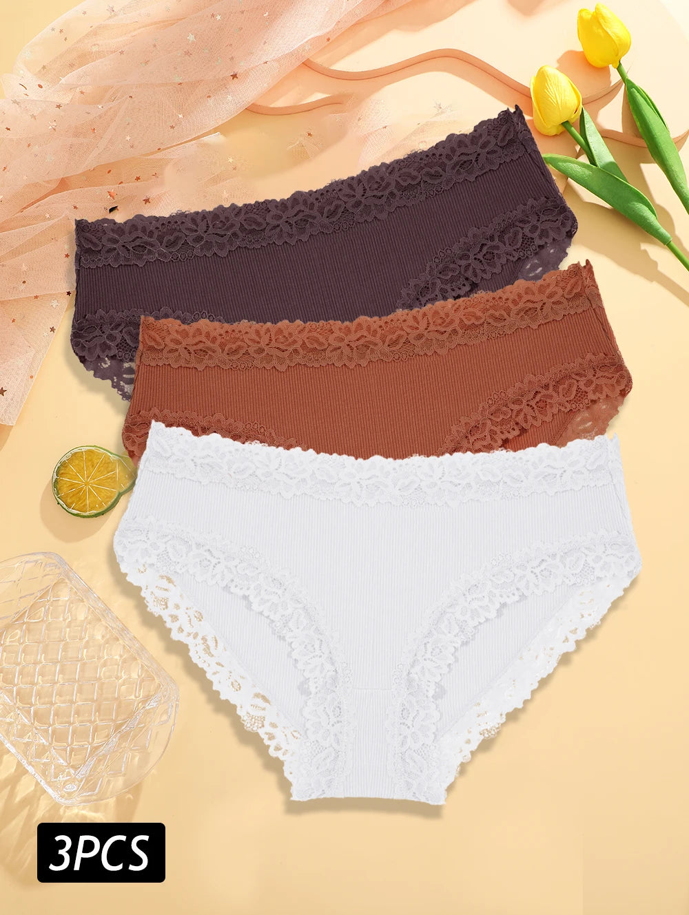 3PCS/Set Sexy Lace Cotton Panties for Women Flroal Lace Seamless Briefs Low Rise Lingerie Female Breathable Soft Underwear S-XL