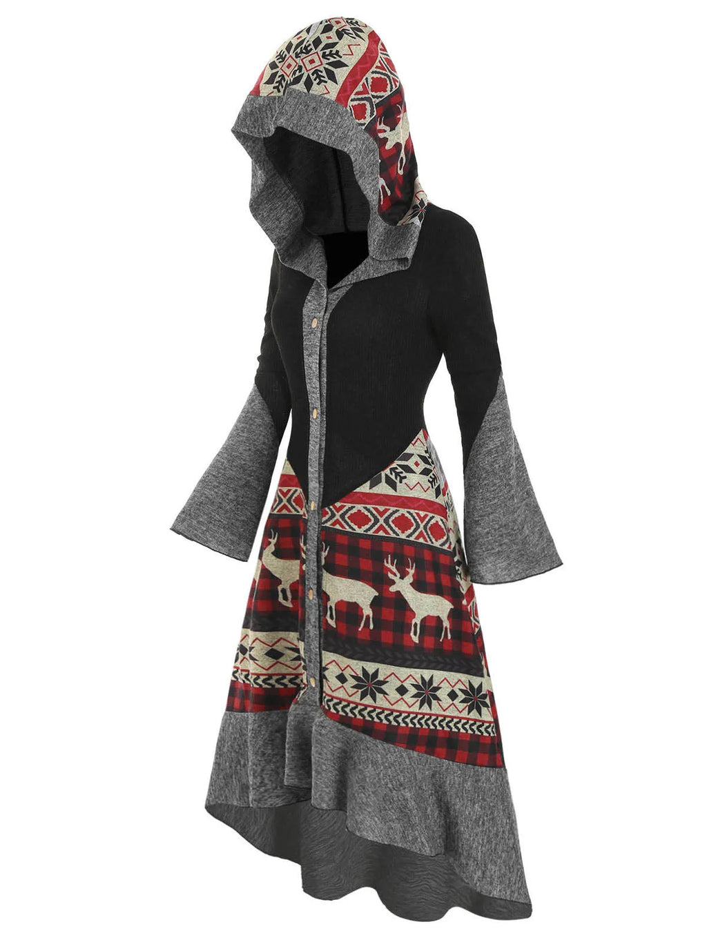 Dressfo Christmas Dress Elk Snowflake Tribal Pattern Knit High Low Flocking Liner Hooded Dress Button Up Flare Sleeve Midi Dress