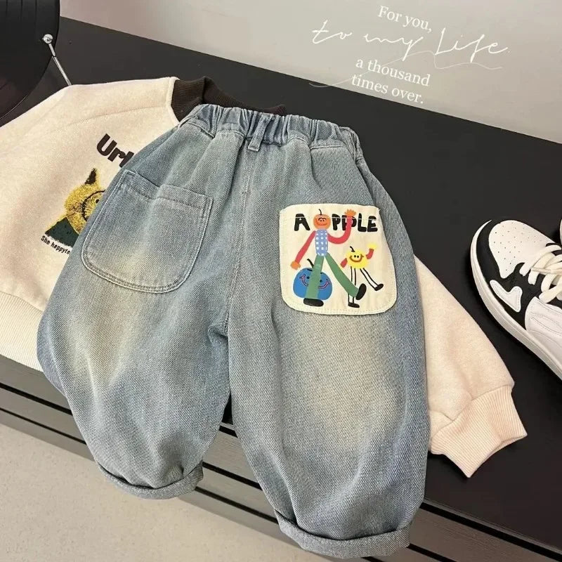 Spring and Autumn Boys' Jeans New Fashionable Simple Loose Casual Straight Tube Pants Baby Pants
