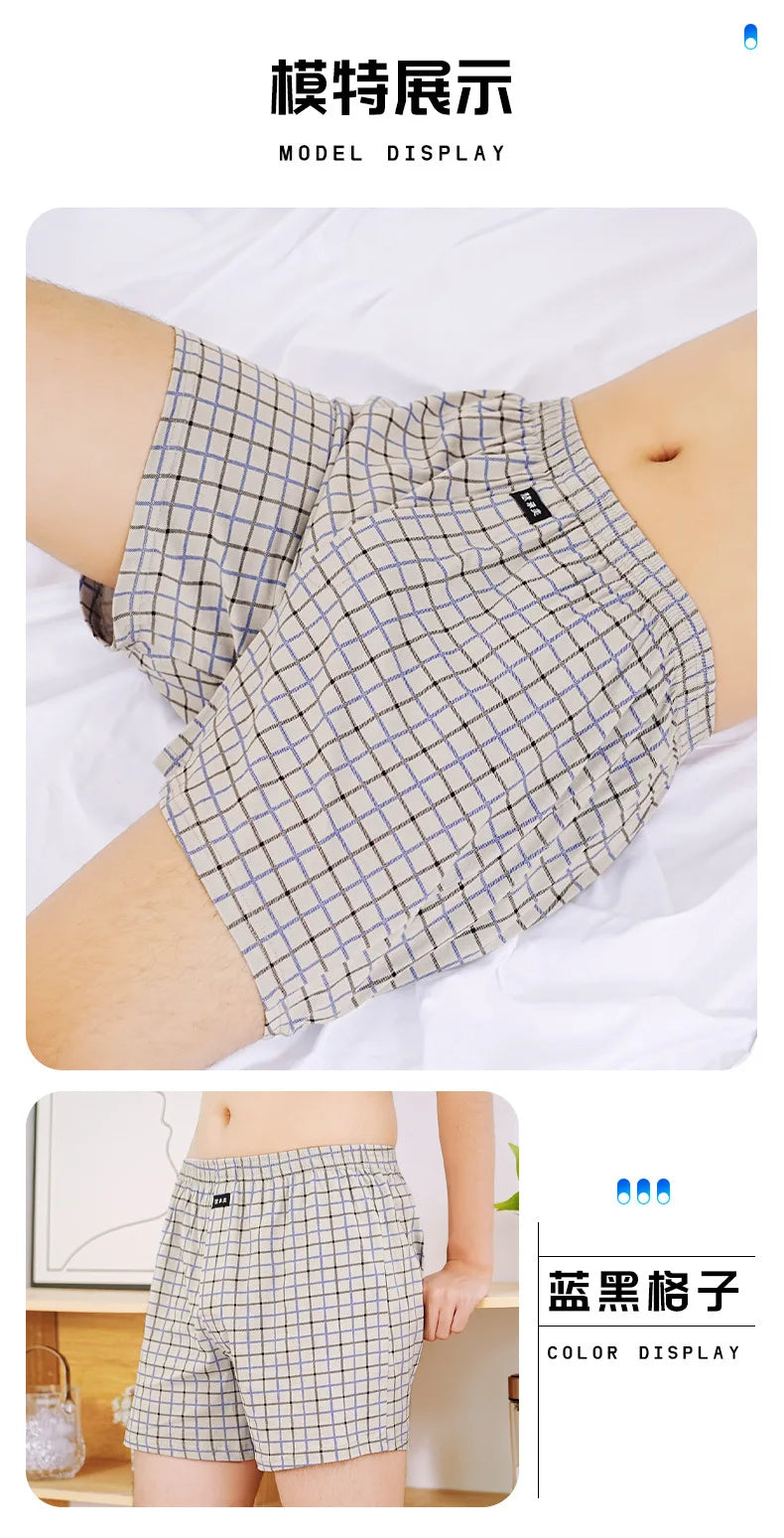 Breathable Cotton Men's Mid-Waist Shorts Plus Size Loose-Fit Plaid Underpants For Home Sleep Summer Loungewear