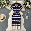 Short Sleeves Striped Long Dress Lapel Neck Hollow Out Slim Bodycon Sundress Fashion Hotsweet Knitted Beach Midi Dress