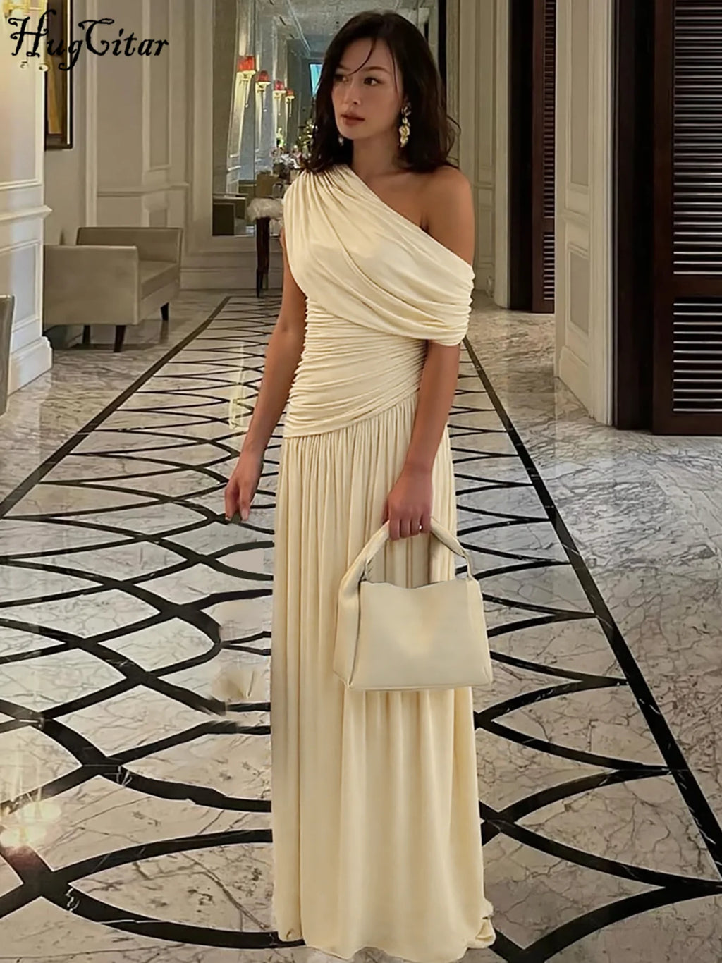 Hugcitar One Shoulder Ruched Sleeveless Solid Pleated Sexy Irregular Y2K Maxi Dress Summer Elegant Party Women Clothes Vacation