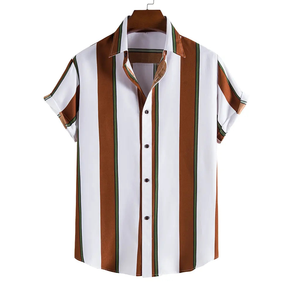 Men's Hawaiian Shirt Summer Stripes Print Short Sleeve Top Tees Fashion Casual Social Shirts Lapel Button Oversized Men Clothing