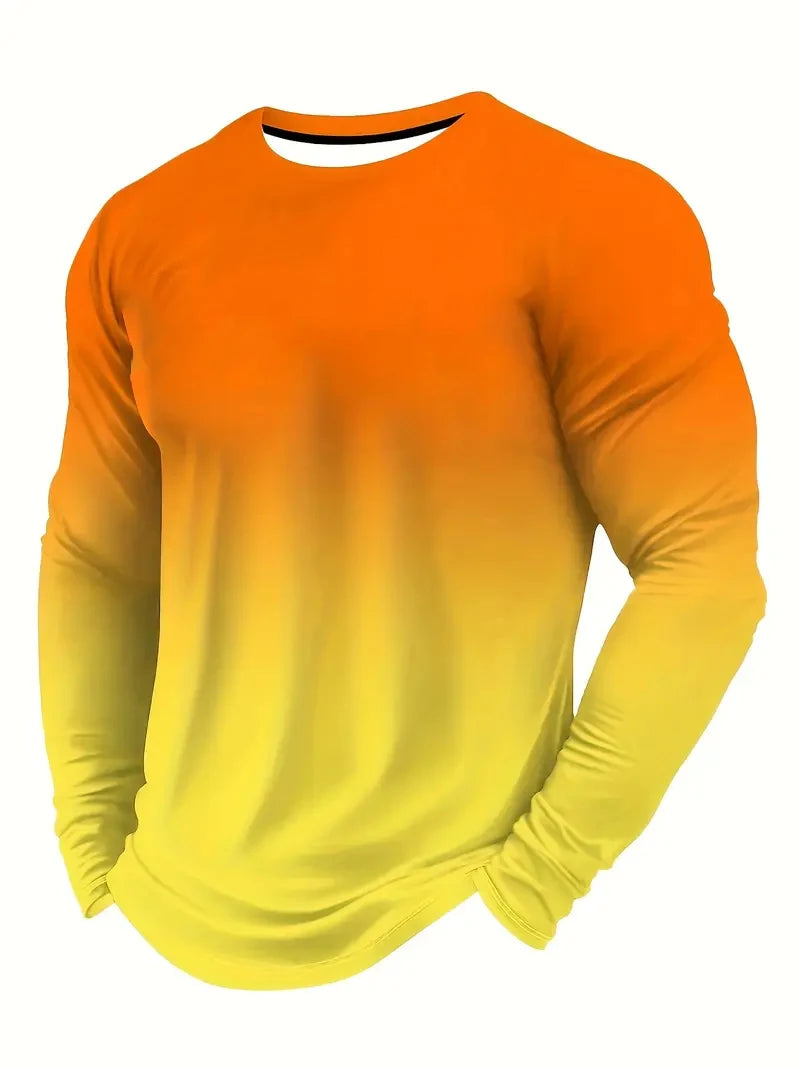 Spring Autumn Men Long Sleeve Round Gradient Color T Shirt Men Clothes Sport Pullover T Shirt 100% Polyester Breathable Tops