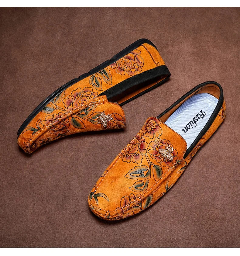 Luxury Brand Yellow Men Casual Shoes Fashion Flower Print Loafers Men Designer Flat Shoes Comfortable Slip-on Male Driving Shoes