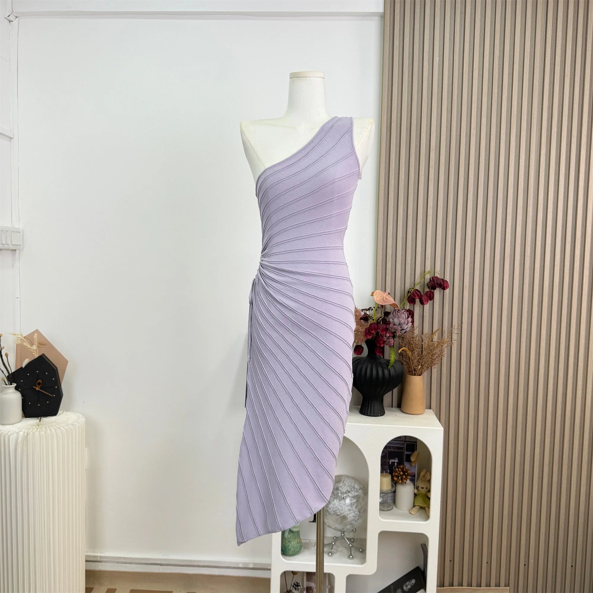 Women Elastic Summer Simple Party Dresses Sexy Irregular One Shoulder Stripe Sheath Pencil Dress