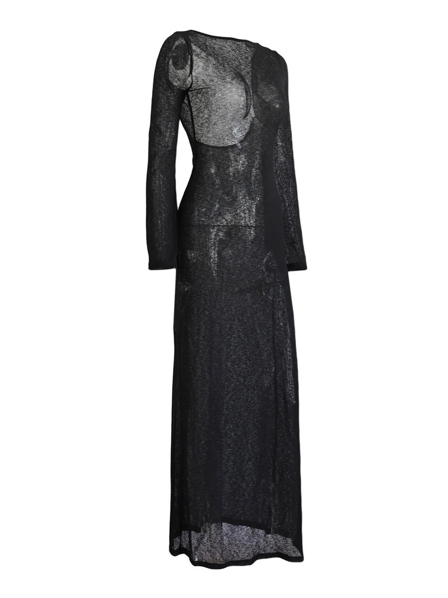 Women Wrapped Dress, Long Sleeve Round Neck See Through Sunscreen Solid Color Backless Beach Long Dress