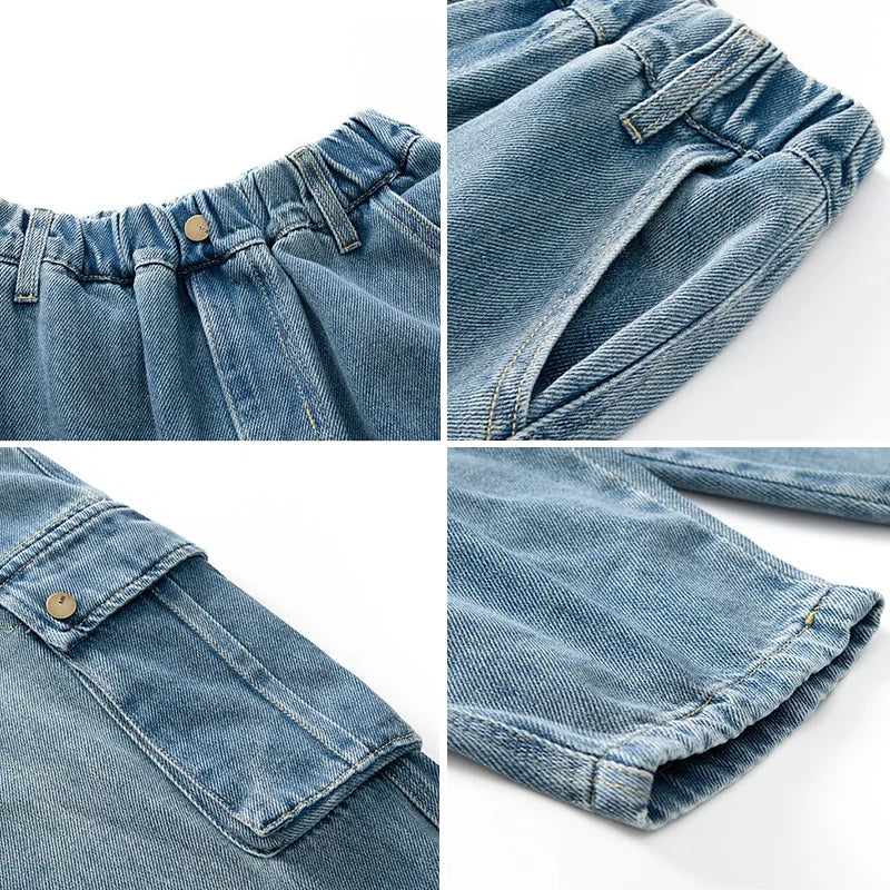 Boys Wide Leg Cargo Jeans 5-14 Years Spring Autumn Fashion Casual Streetwear Kids Retro Trendy Straight Loose Fit Sweatpants