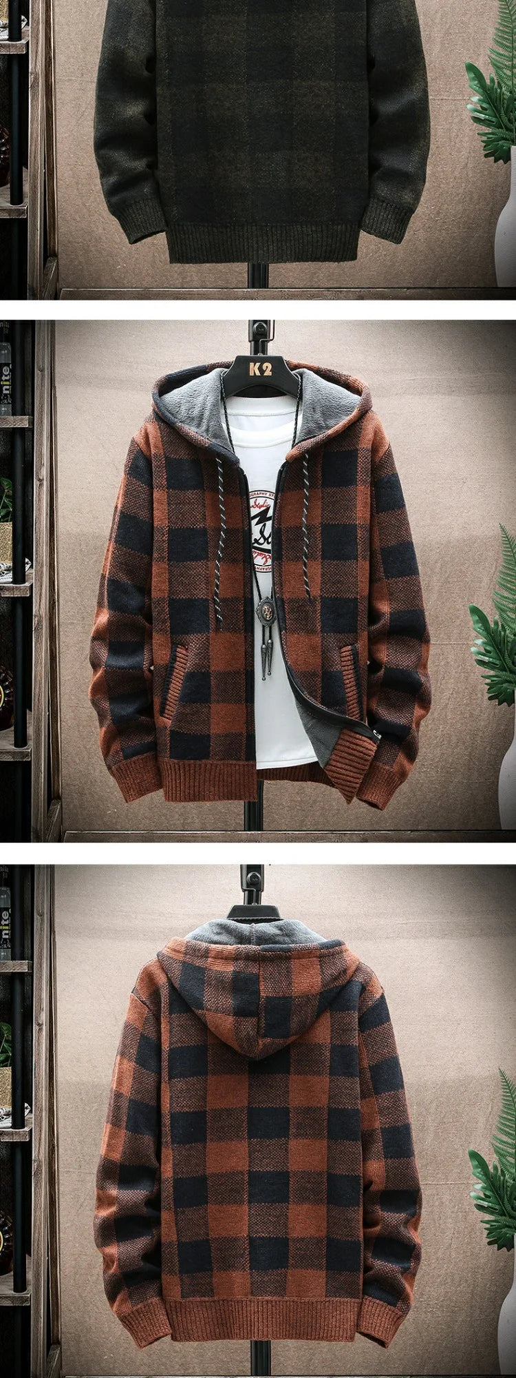 Men's Hooded Thickened Fleece Knitwear Casual Outerwear Winter Warm Plaid Cardigan Coat Large Size Comfortable Street Style