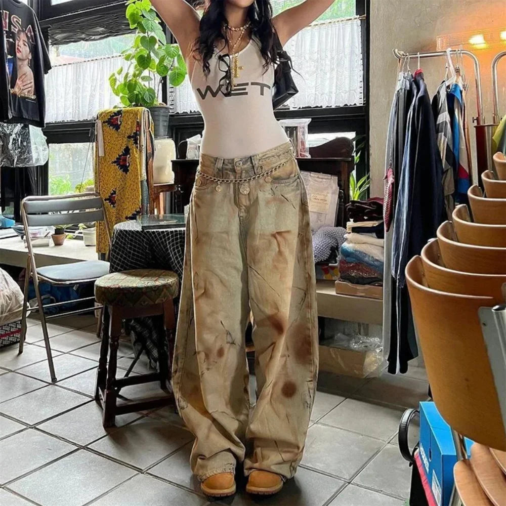 2025 Retro Fashion High Waisted Pants High Street Loose Wide Leg Denim Pants Women harajuku Y2k Loose Jeans Women's Streetwear
