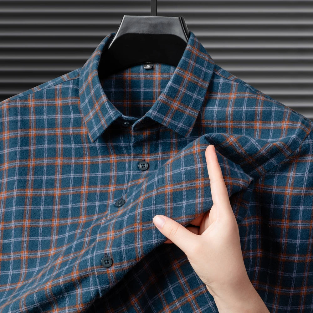 Men's Flannel Shirt Long Sleeve Plaid Button Down Shirts Regular Fit Casual Work Soft Cotton Tops Family Gathering with Pocket