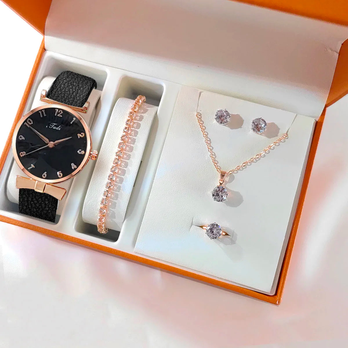 Fashion Women Watches Bracelet Necklace Earrings Ring Set Flowers Ladies Belt Watch Casual Leather Quartz Wristwatch Clock Gifts