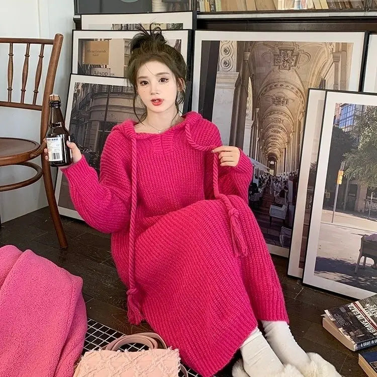 Bottom Hooded Knitted Dress with Lazy Style Medium to Long Loose Flesh Blocking Thick Dragon Fruit Colored Sweater Long Skirt