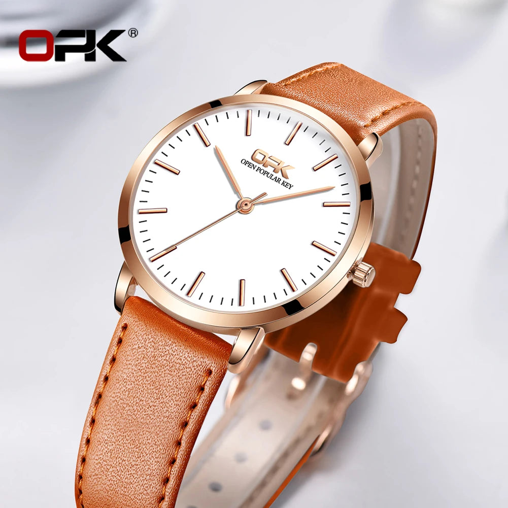 OPK 8101 Original Quartz Watch For Women Waterproof Leather Strap Hand Clock Simple Dial Top Brand Fashion Ladies Wrist Watches