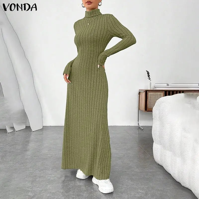 VONDA Women Turtleneck Sweater Dresses Autumn Long Sleeve Knitted Maxi Vestidos Elegant Office Streetwear Solid Party Robe Femme