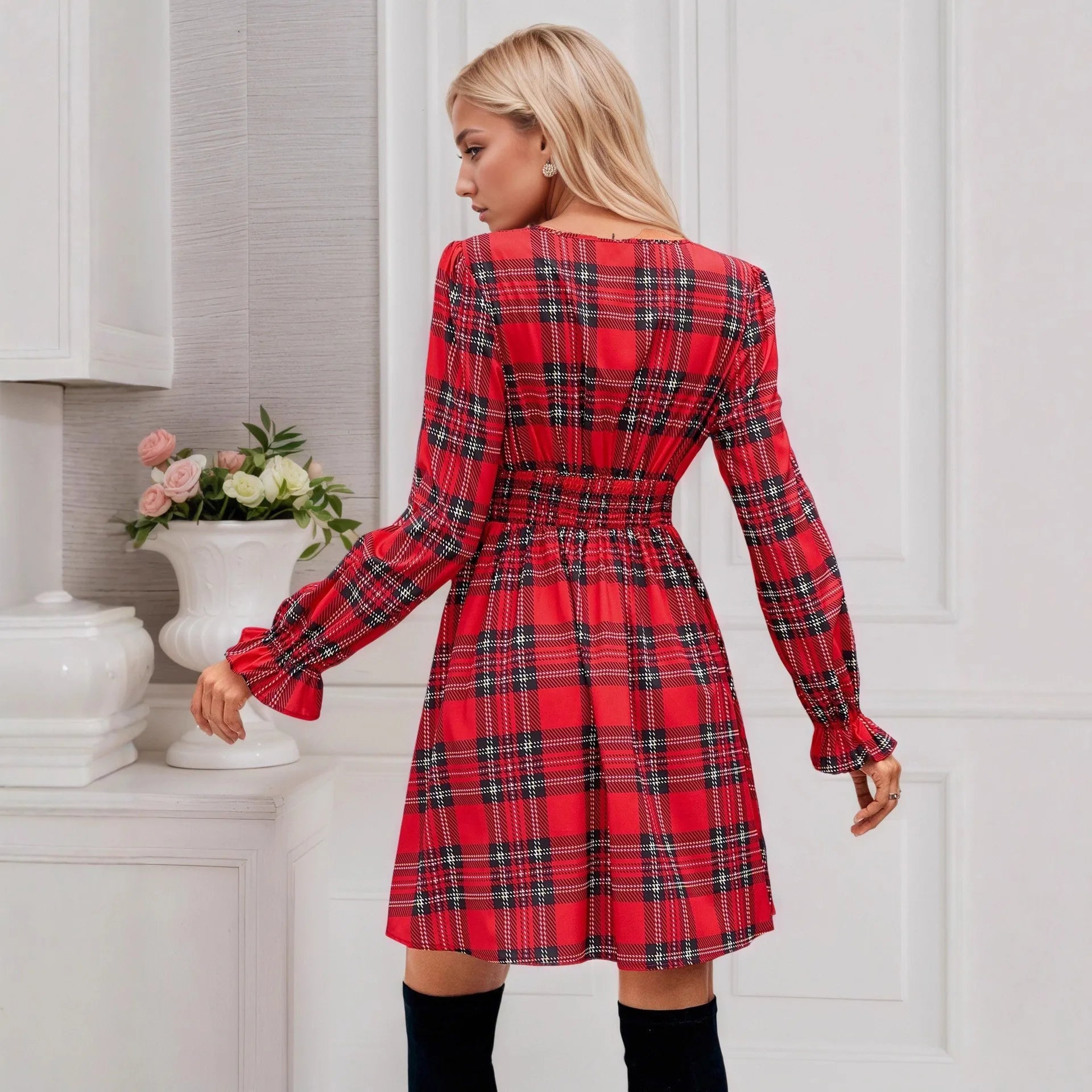 Women Plaid Dress Long Sleeve V Neck Bow Tie High Waist A Line Mini Dress Vintage Tartan Skater Dress Autumn Outfit
