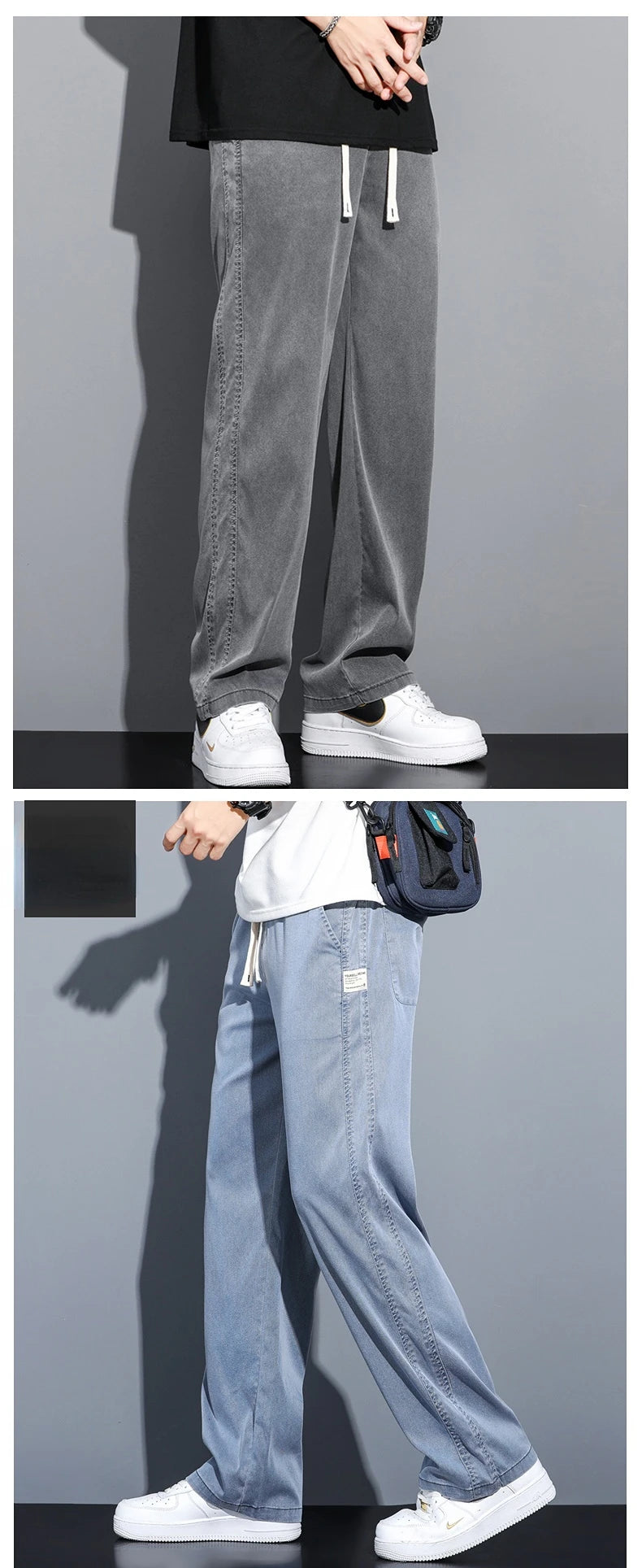 High Quality Summer Lyocell Fabric Men's Jeans Thin Straight Pants Drawstring Elastic Waist Korea Casual Trousers Plus Size