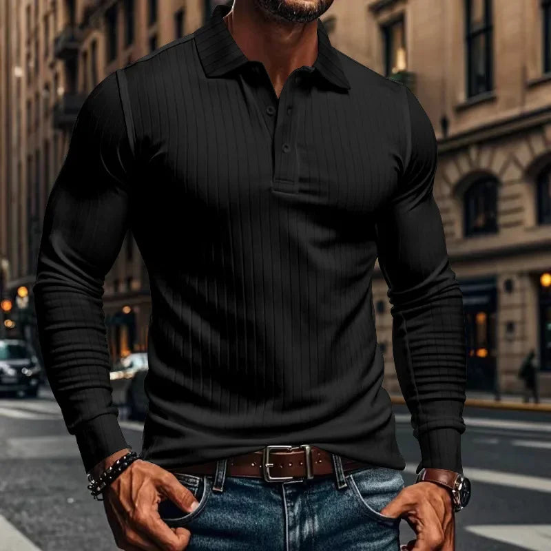 Men's Autumn  Classic Casual  Elastic Pit Strip Polo ShirtAmerican  Lapel Button-up Long-Sleeved T-shirt