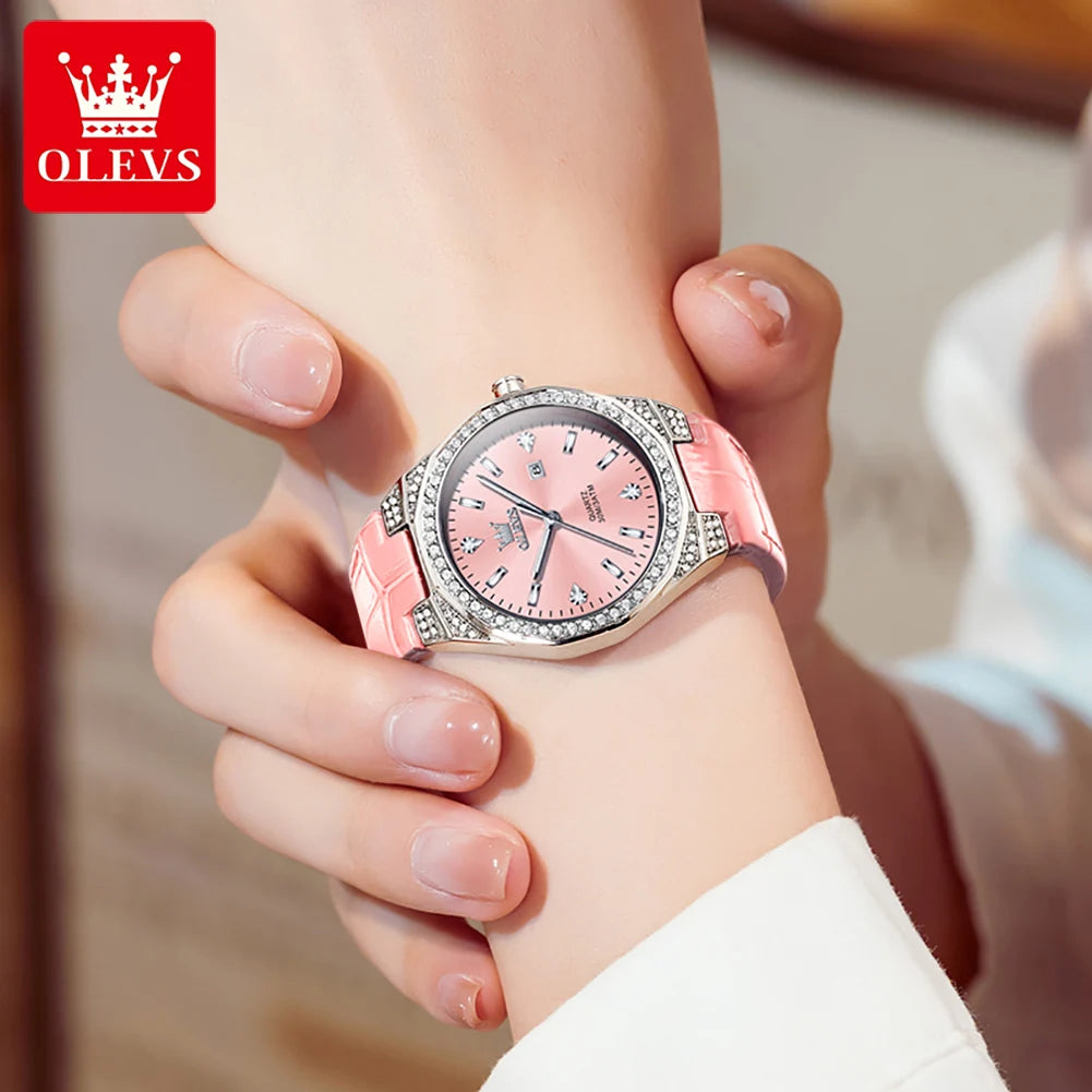 OLEVS NEW Women's Watches Pink Leather Strap Full Diamond New Style Date Waterproof Original Quartz Watch for Girl Fashion