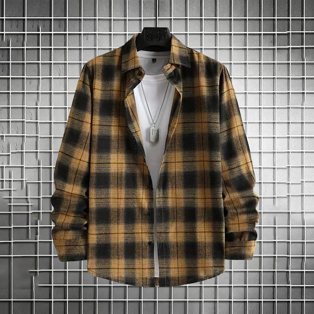 Men's Spring Autumn Plaid Button Down Shirt Long Sleeve Casual Open Front Cardigan Fashion Loose Fit Top