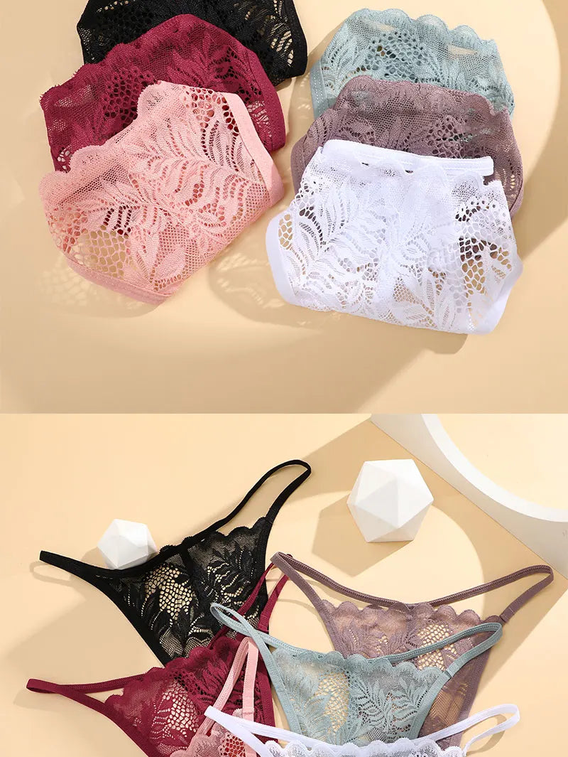 FINETOO 6PCS/Set Lace Thong Female Bikini Lady Intimates S-XL Women Seamless Panties Sexy Girl's Underwear Transparent Briefs