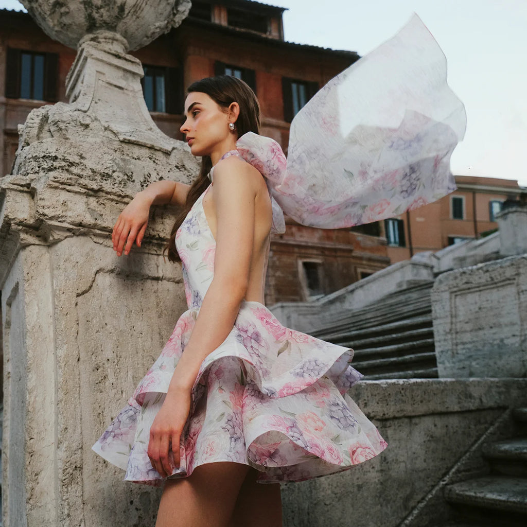 Chic Floral Printed Mini Dress Backless Sleeveless Hem Stacking Dresses Sweet A Line Vestidos 2025 New Lady Party Club Clothing