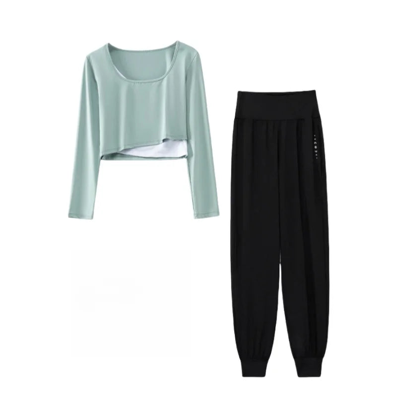 DRUR Women Yoga Set Loose Fit Gym Outfit Long Sleeve Top Pants 2 Piece Sportswear Outfit Running Jogging Suit Fitness Clothing