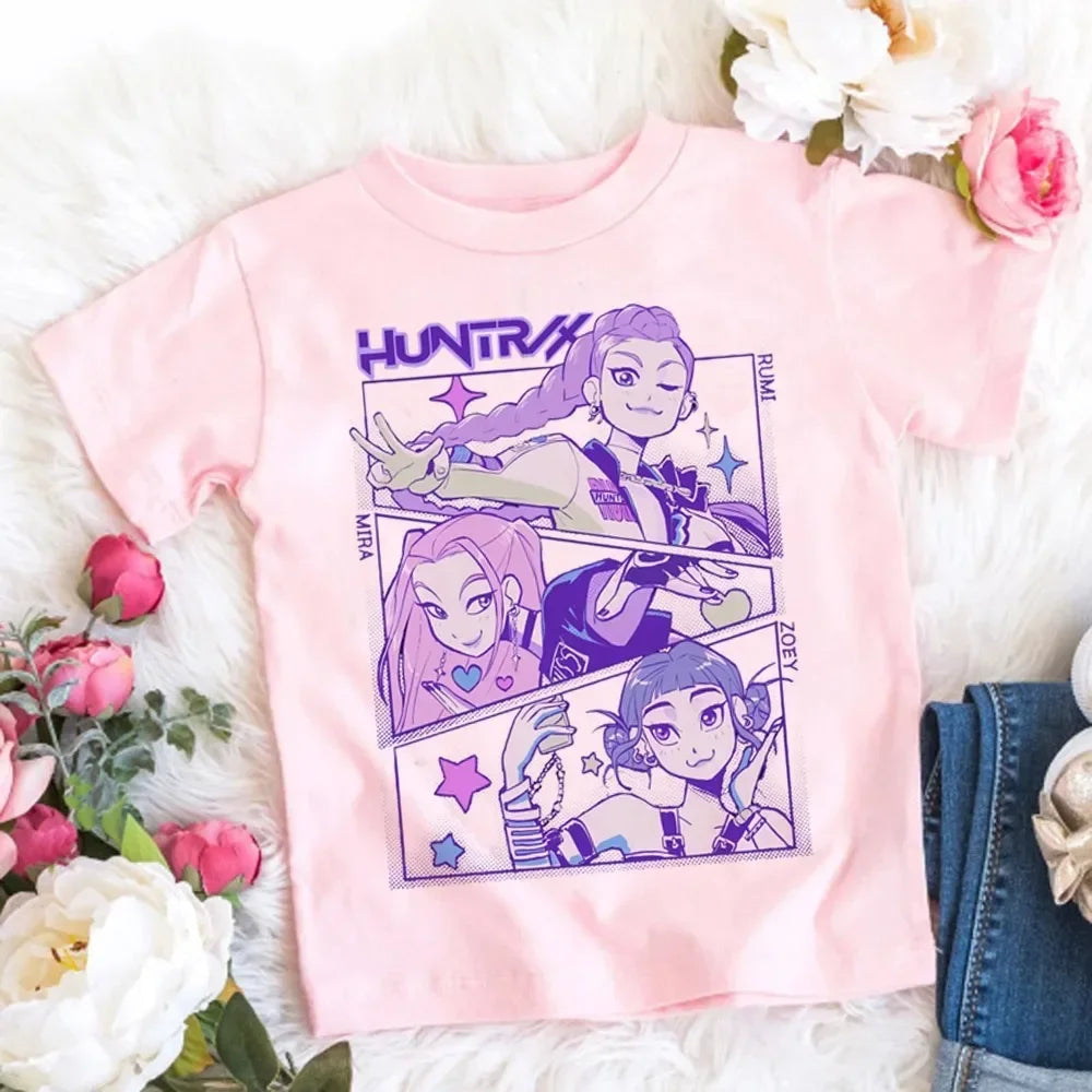 New 2025  KPop Demon Hunters Saja Boys Cartoon Boys T-shirt Round Neck Print Fashion Casual Top Children's T-shirt Kids Clothing