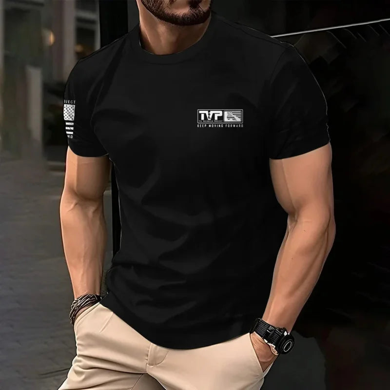 Retro American men's T-shirt casual wear, crew collar short-sleeved top, outdoor simple daily men's breathable sports T-shirt