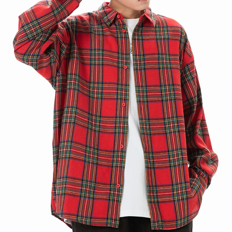 Plaid Shirt with Long Sleeves, Loose Fit, for Casual Men, Harajuku Style, Spring and Autumn Brushed Cotton Shirt.Oversized