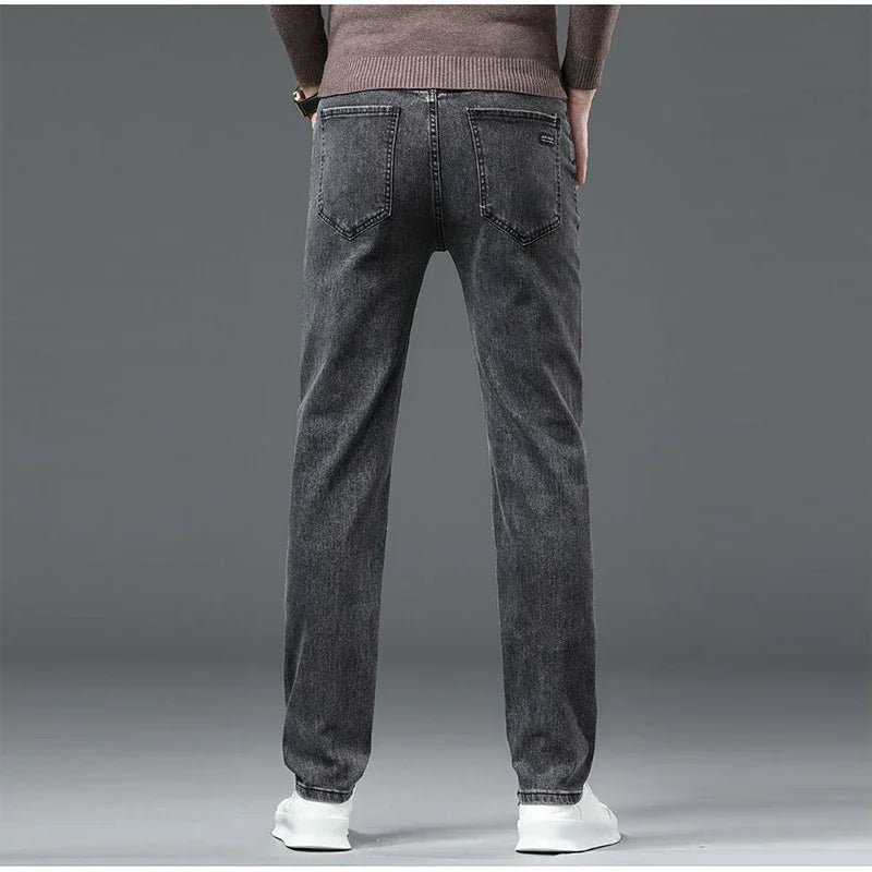 Amekaji Men Fashion  Slim Fit Jeans Male Elasticity Smart Casual Mid Classics Straight Denim Pants Wedding Party Black Trousers