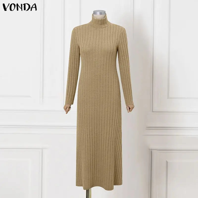 VONDA Women Turtleneck Sweater Dresses Autumn Long Sleeve Knitted Maxi Vestidos Elegant Office Streetwear Solid Party Robe Femme