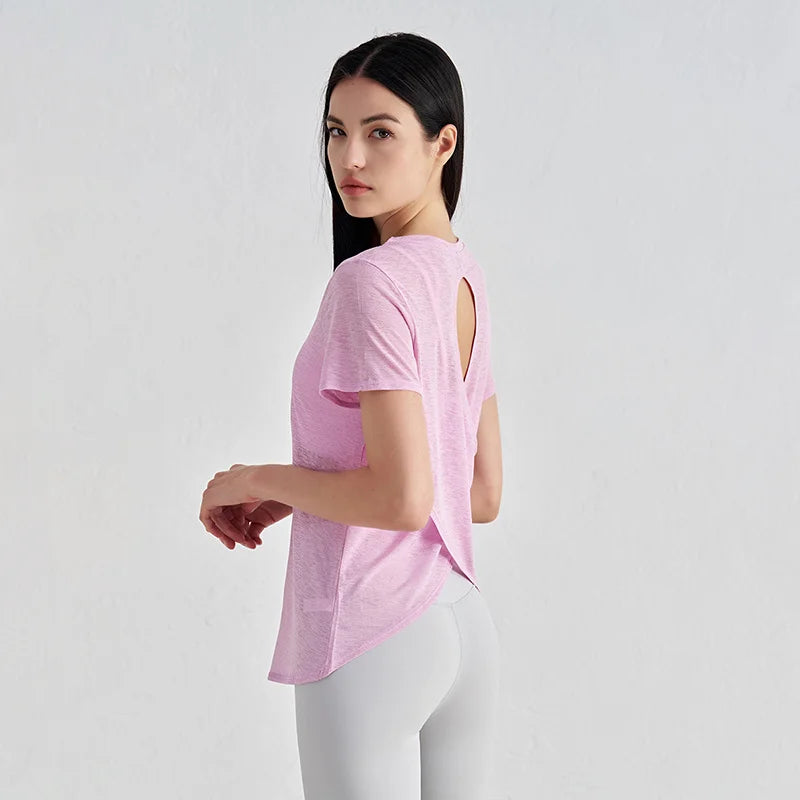 TRY TO BN Gym Tops Women Short Sleeve Sports Fitness Nylon Hollow Back Breathable Women's T-Shirt Training Runing Yoga Clothing
