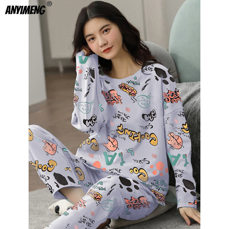 M-5XL Big Size Autumn Spring Pajamas Set for Women Kawaii Printing Sleepwear for Girl Fashion Long Sleeve O-neck Woman's Pijamas