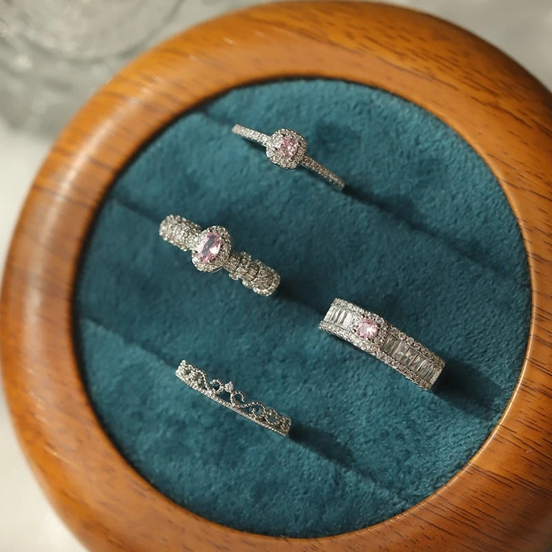 2023 New Fashion Korean Love Heart Pink Rhinestone Silver Color Open Ring for Women Shiny Luxury Adjustable Rings Jewelry Gifts