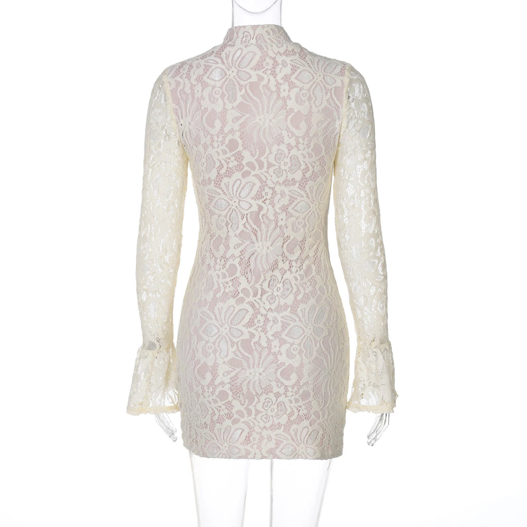 Hugcitar Turtleneck Long Flare Sleeve Patchwork Lace Hollow Out Button Sexy Mini Dress 2025 Spring Women Clothes Party Nightclub