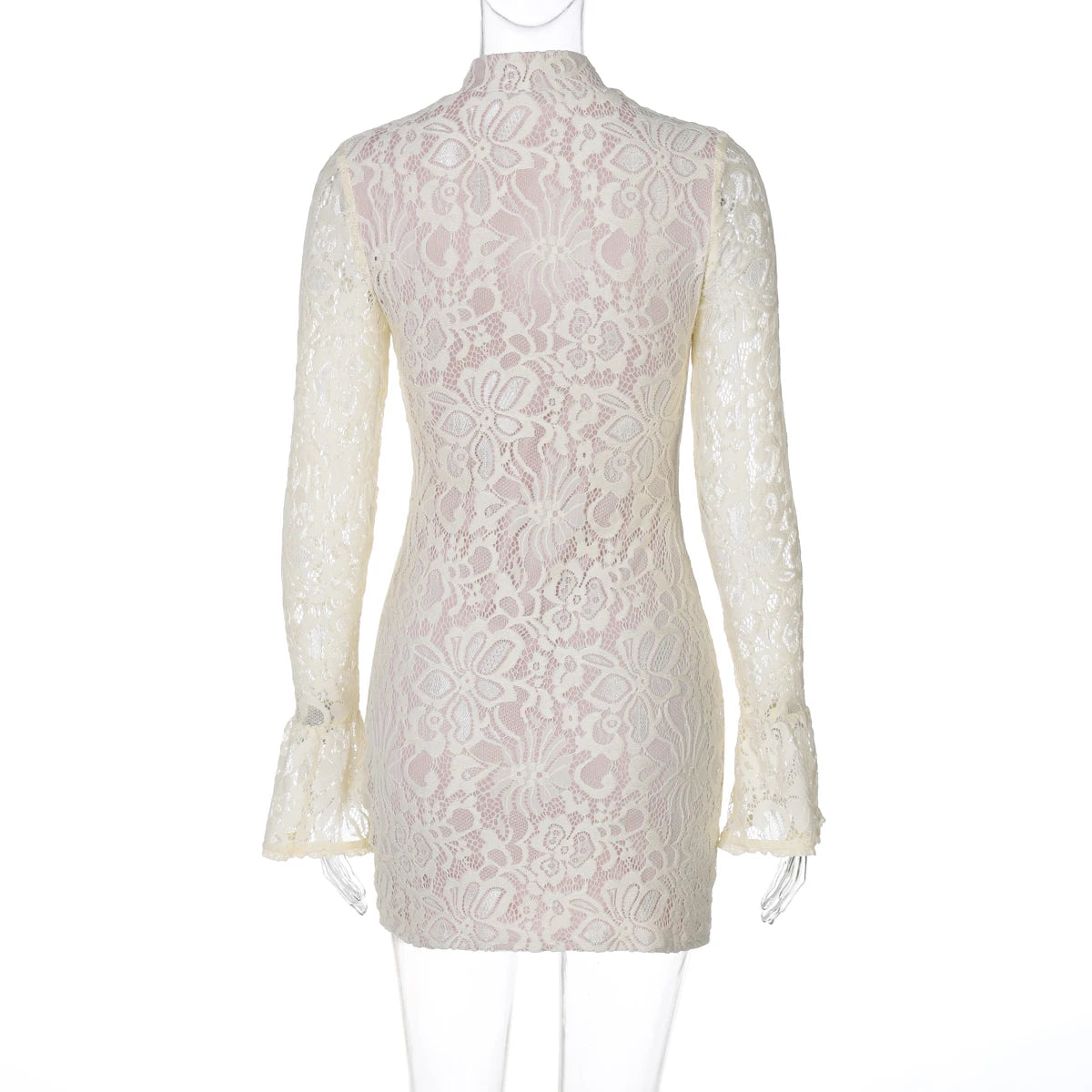 Hugcitar Turtleneck Long Flare Sleeve Patchwork Lace Hollow Out Button Sexy Mini Dress 2025 Spring Women Clothes Party Nightclub