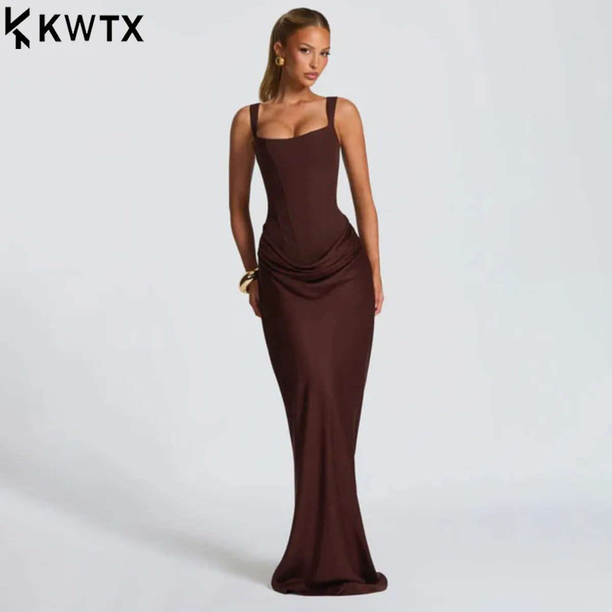 Kwtx Long Sleeve Bodycon Maxi Dress Slimming Boning Spaghetti Strap  Backless Casual Elegant Minimalist Comfortable Premium
