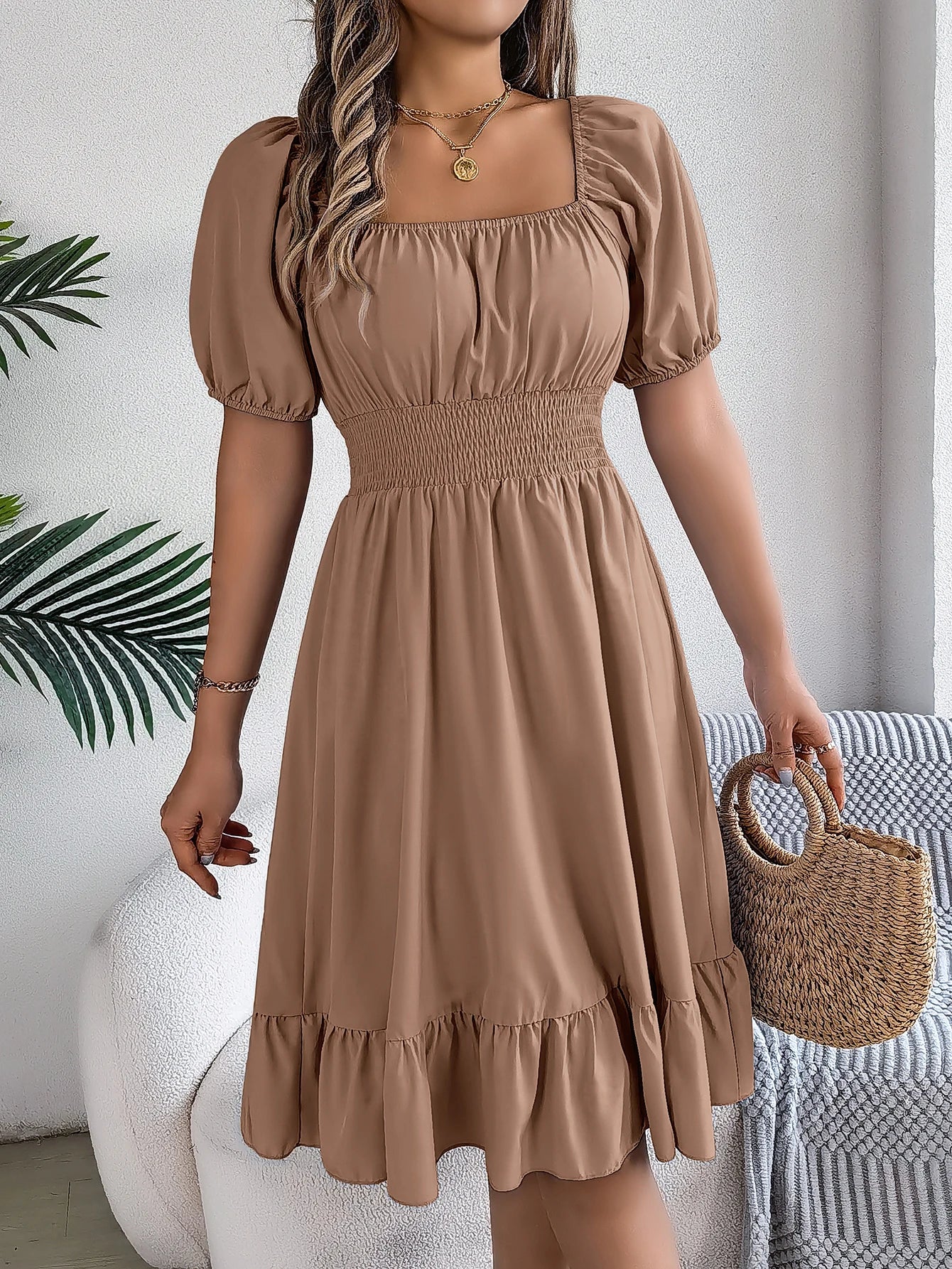 Spring Summer Elegant High Waisted Dress Square Neck Short Sleeved Ruffled Edge Long Dresses for Women 2026 Valentine's Day